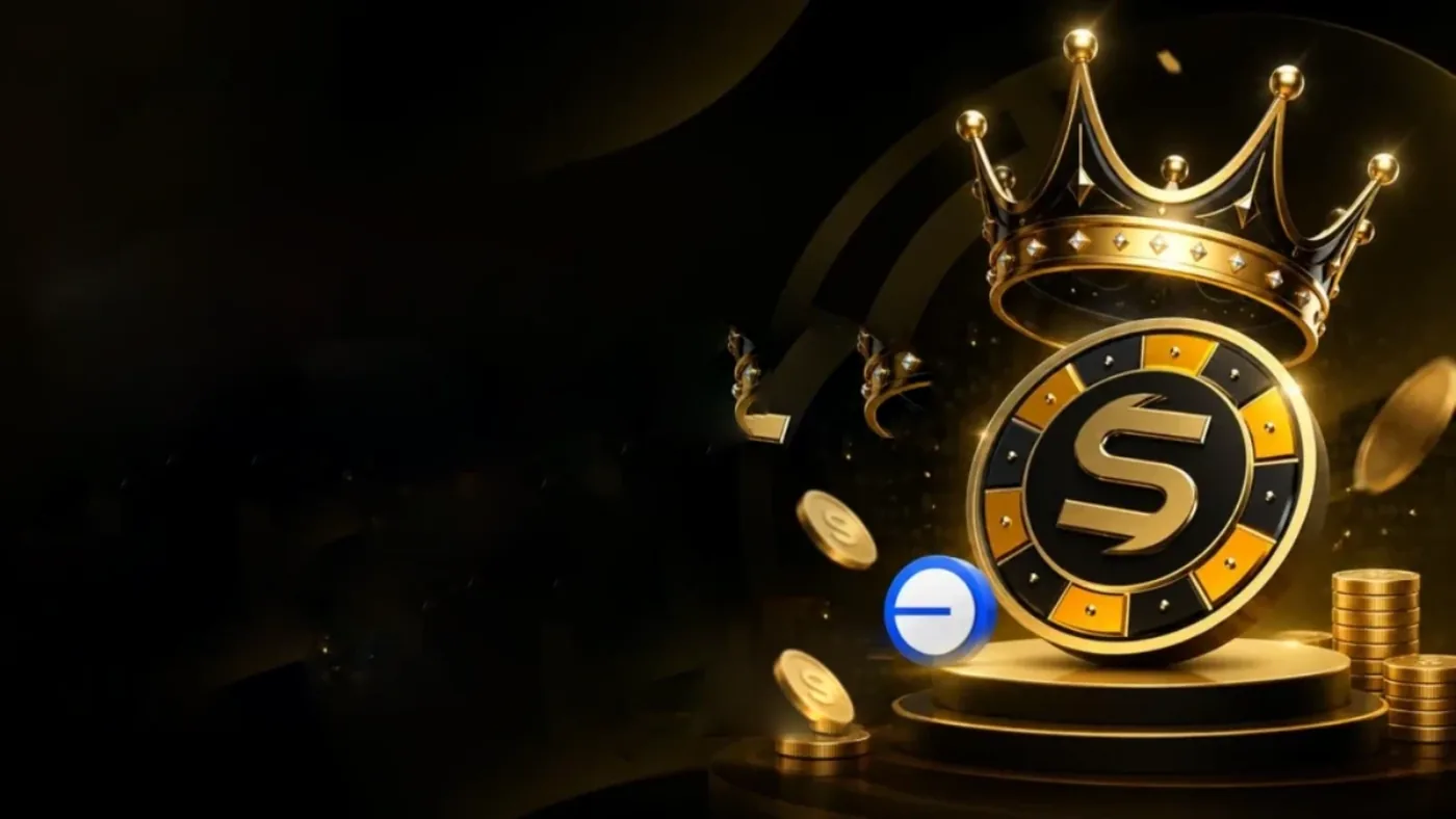 A black and gold casino chip marked with a stylised S on a golden podium, topped by a black and gold crown with scattered gold coins on a dark background